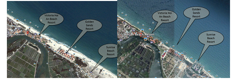 Hình ảnh bãi biển bị thu hẹp (ảnh dưới – 2014) so với 10 năm trước đó (ảnh trên – 2004)